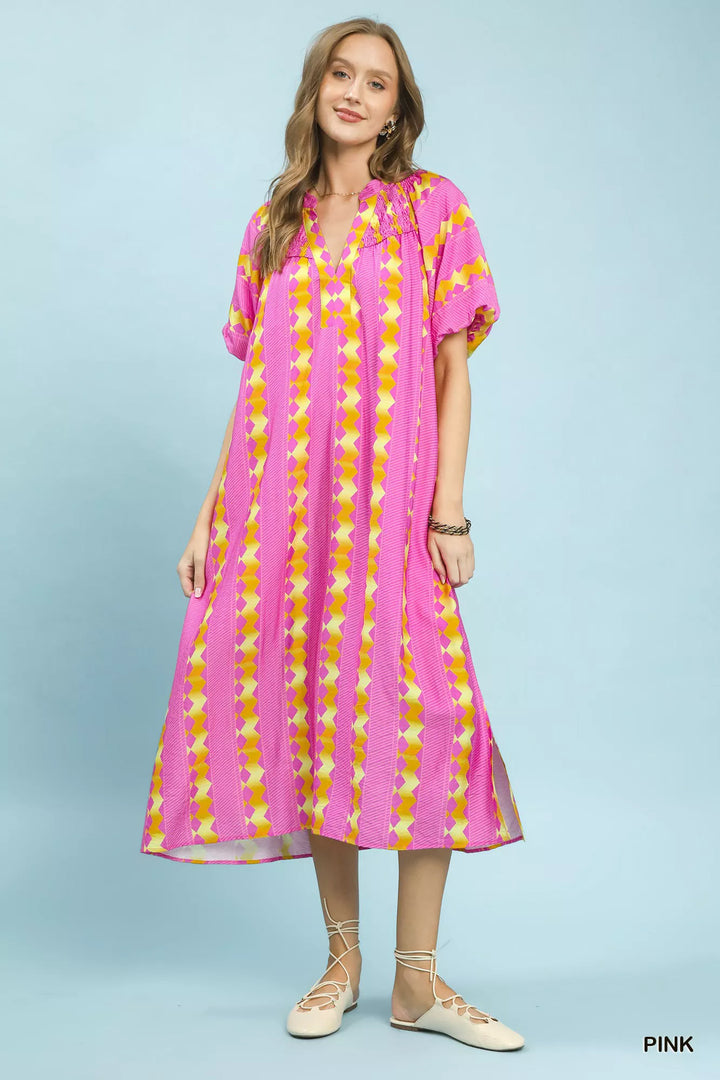 Geometric stripe smocked midi dress with tie waist