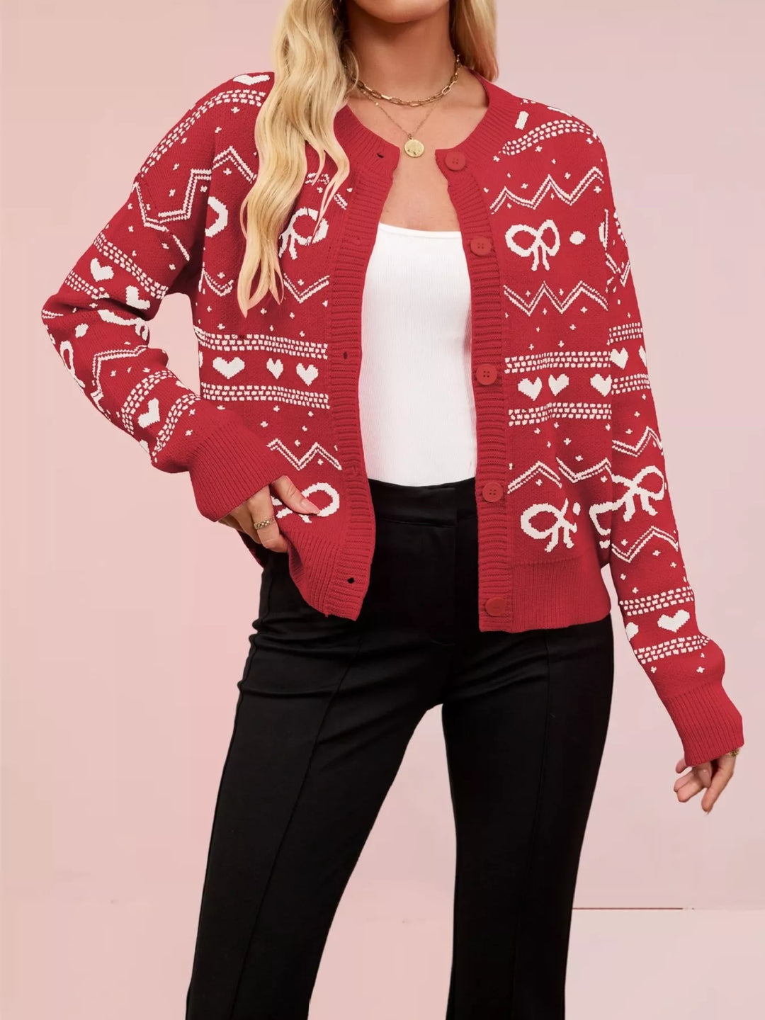 Red Bow and heart fair isle knit button-front cardigan