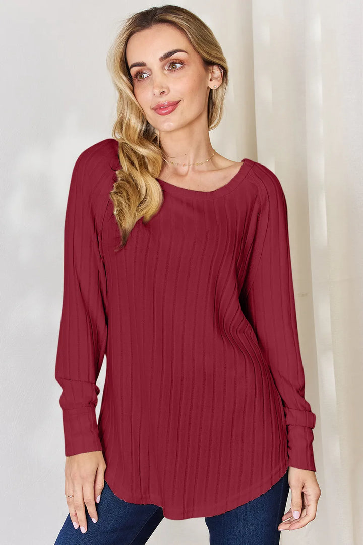 Deep Red Ribbed knit round neck long sleeve top with side slits