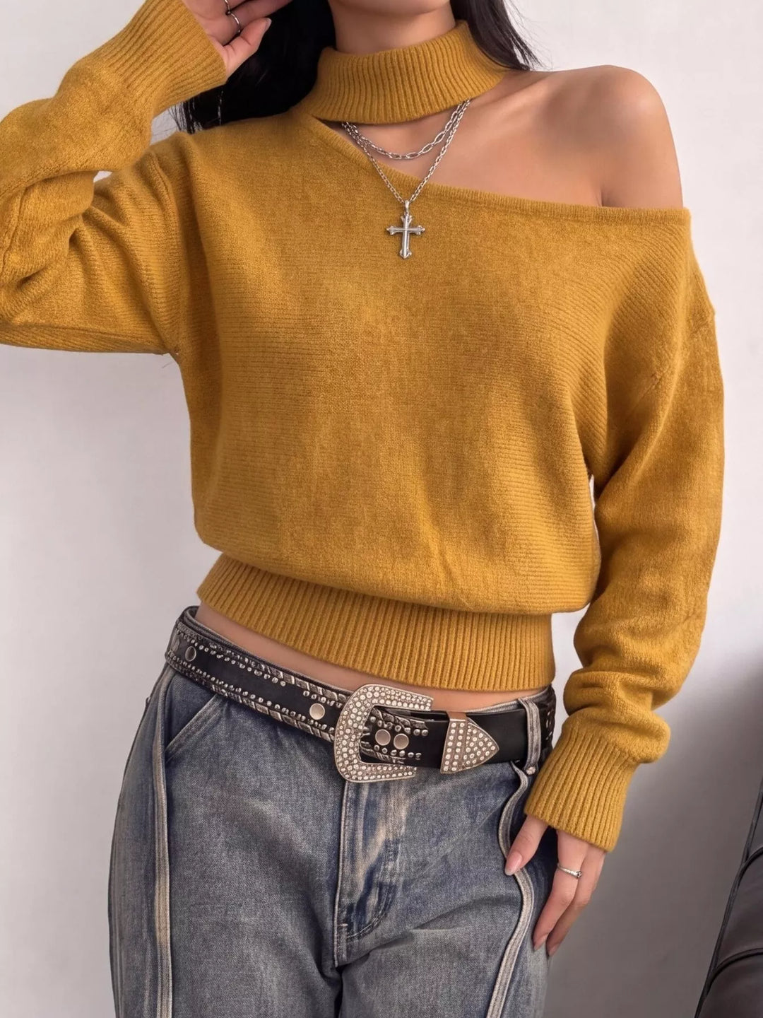 Mustard Cutout mock neck one-shoulder knit sweater