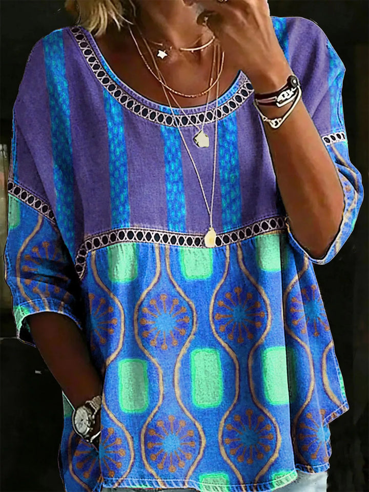 Blue Floral print crochet-trim tunic top with 3/4 sleeves