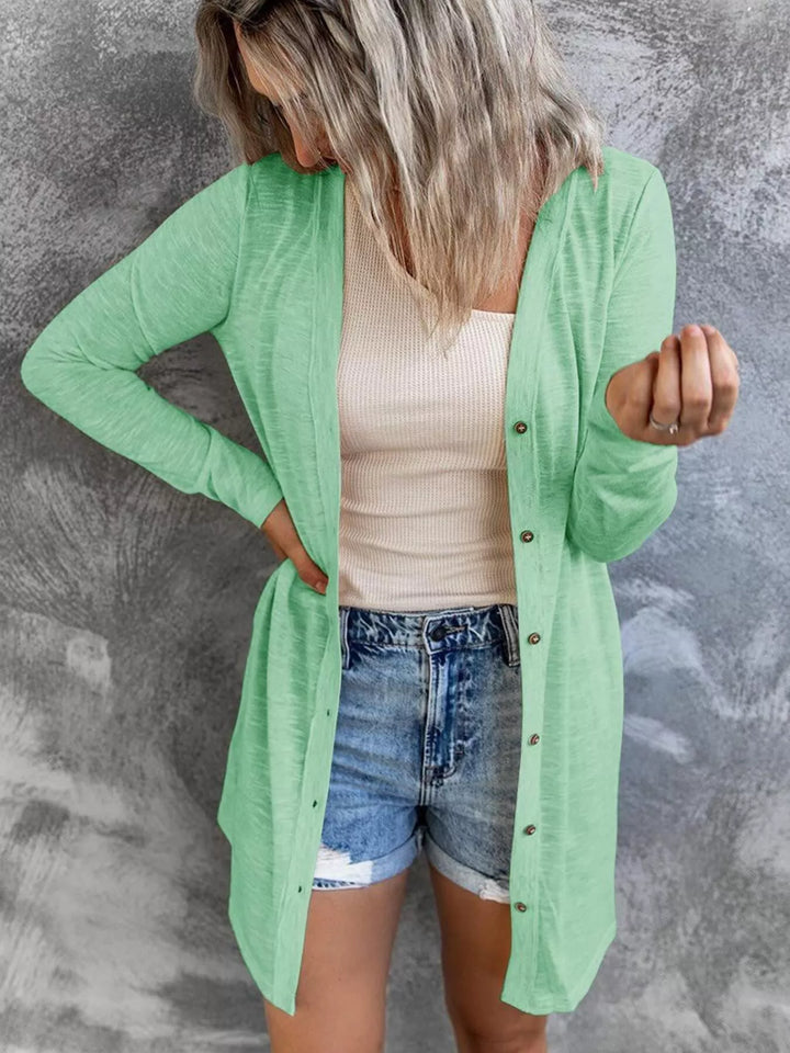 Light Green Lightweight button-front longline open knit cardigan