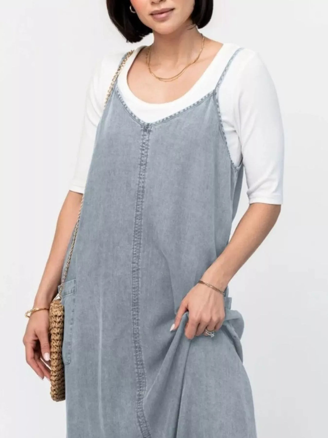 Washed denim cami maxi dress with side pockets