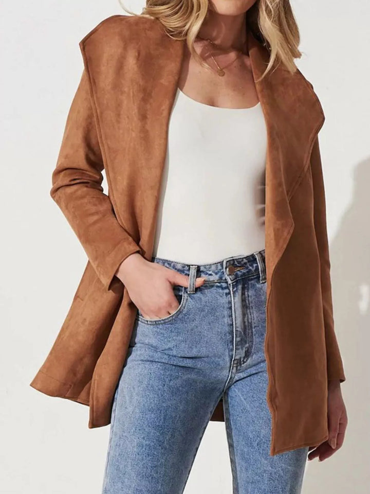 Faux suede waterfall collar jacket with tie belt