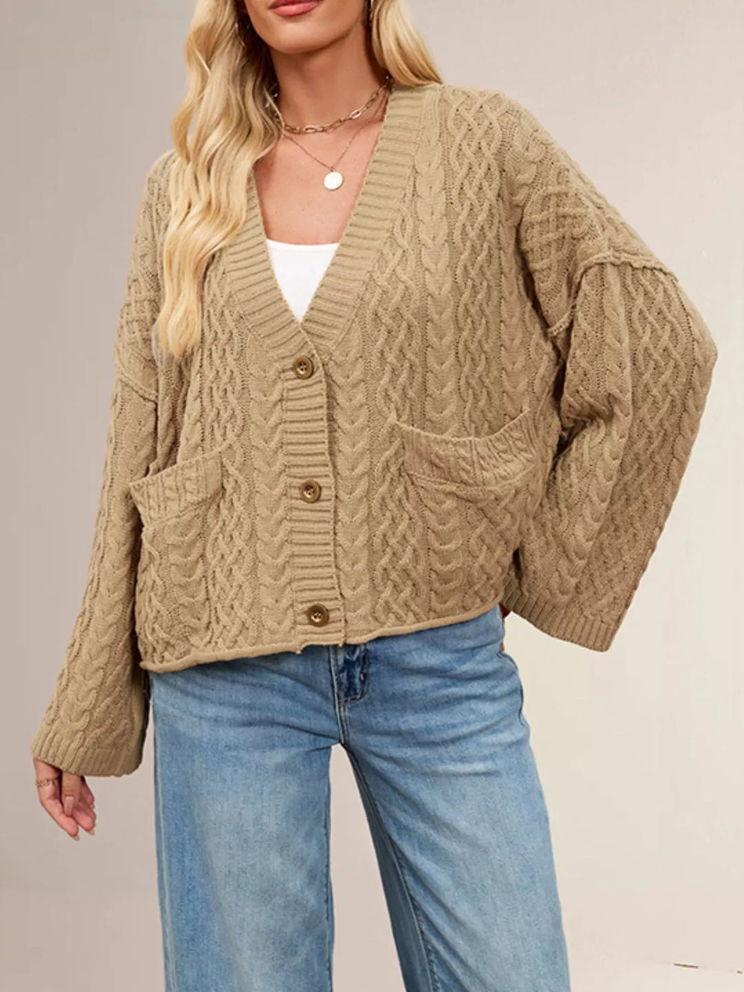 Khaki Color Cable knit button-front cardigan with patch pockets