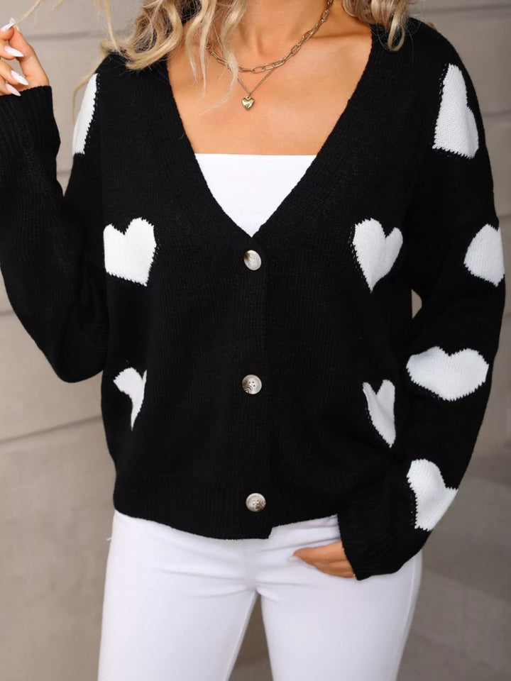 Heart pattern V-neck button-up knit cardigan