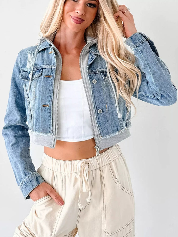 Dark Blue / Gray Distressed cropped hooded denim jacket with zip front