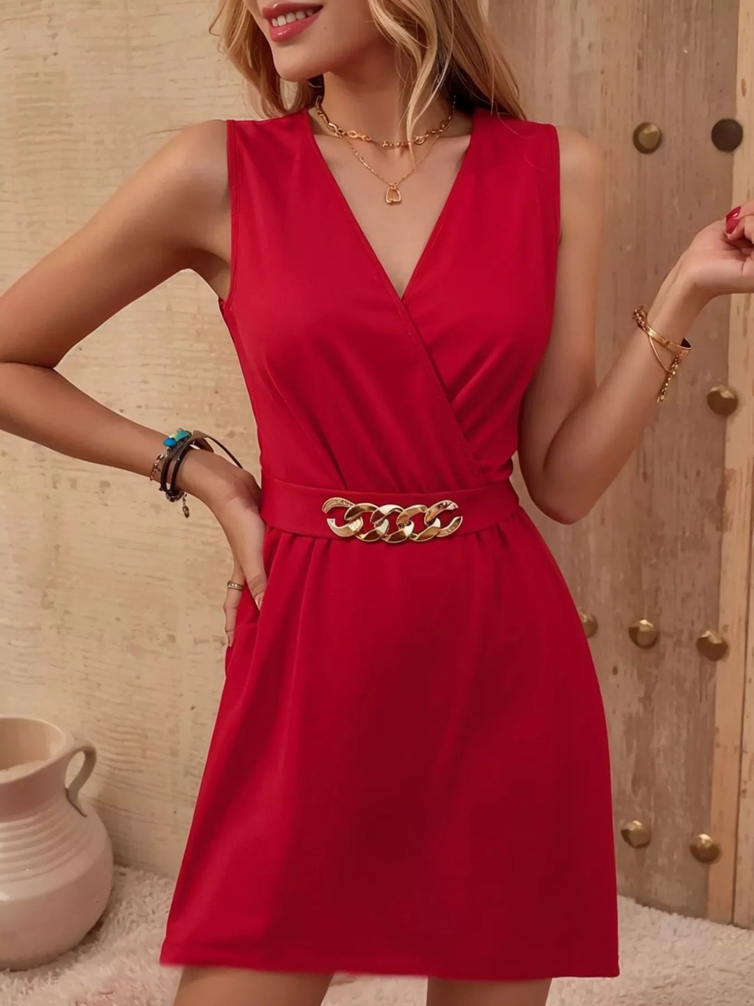 Red Surplice v-neck sleeveless mini dress with pockets