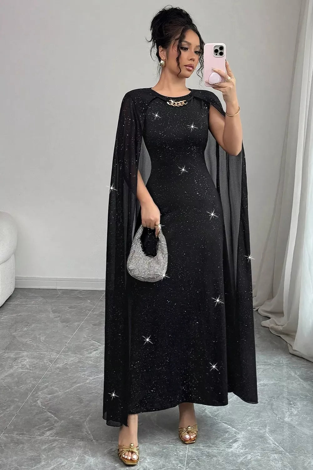 Glitter cape-sleeve maxi dress with chain neckline detail