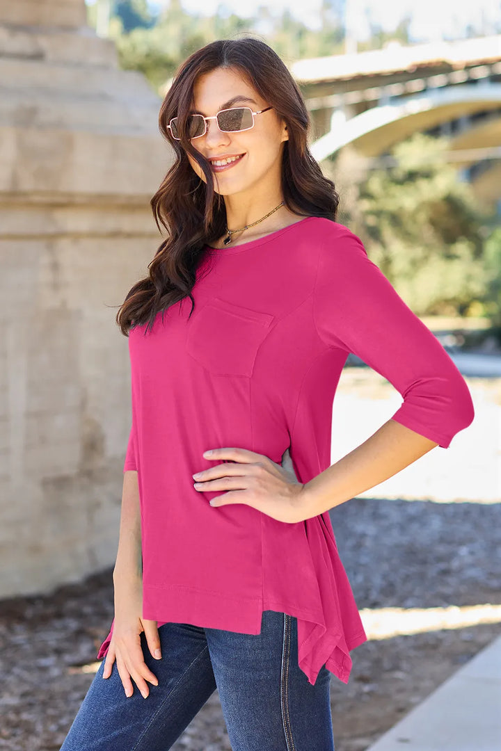 Hot Pink Pocketed 3/4 sleeve top with asymmetrical hem
