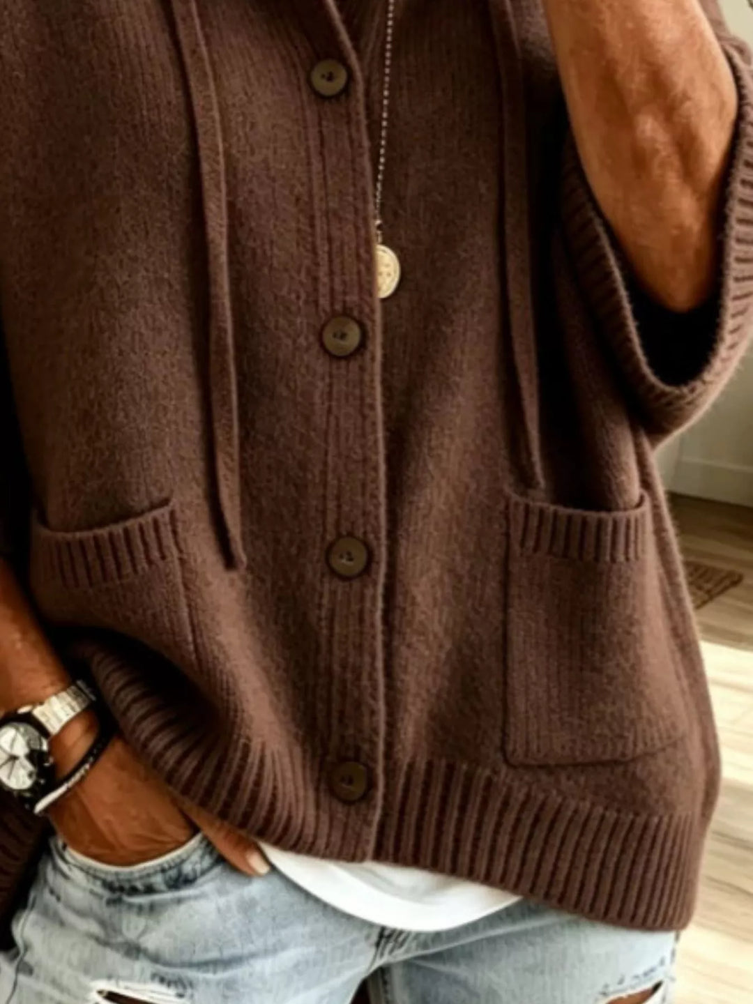 Hooded button-down knit cardigan with patch pockets