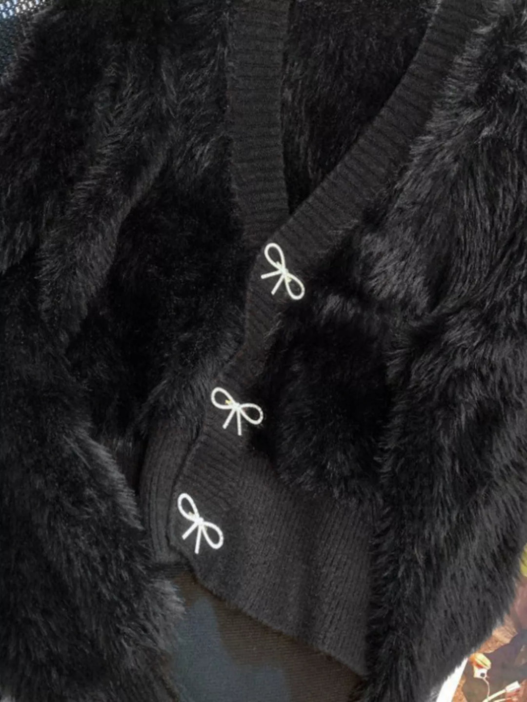 Fuzzy knit cropped cardigan with rhinestone bow buttons
