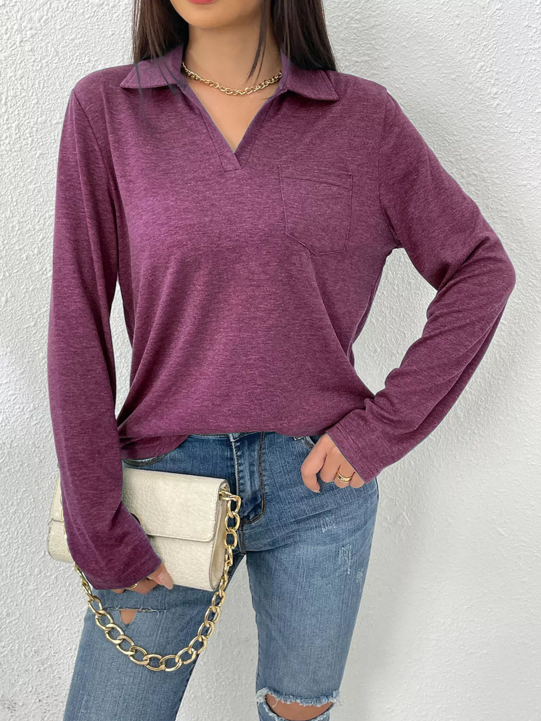 Red-Violet Collared long sleeve polo top with chest pocket