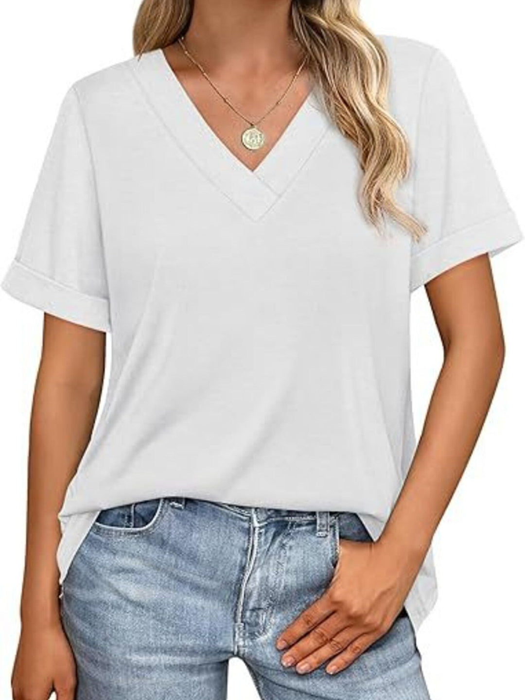 Relaxed V-neck short sleeve tee with rolled cuffs