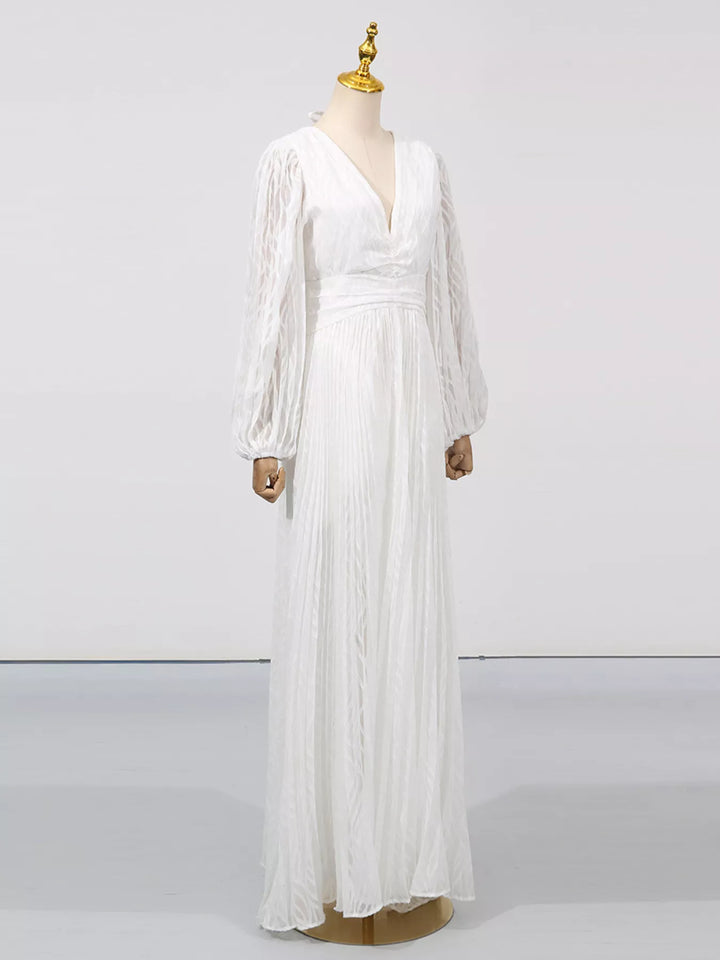 Textured V-neck balloon sleeve maxi dress with twist front