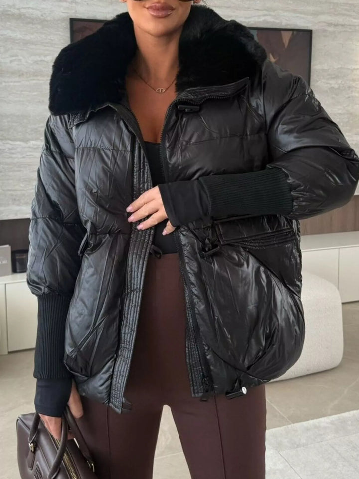 Black Glossy padded puffer jacket with faux fur collar