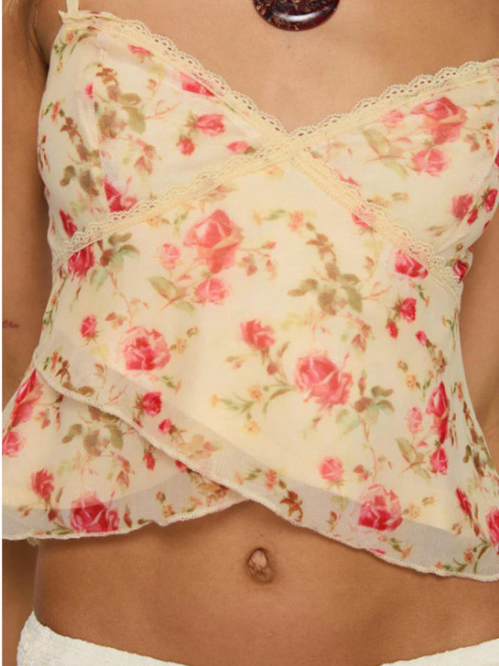 Floral print lace-trim cropped cami with ruffle hem