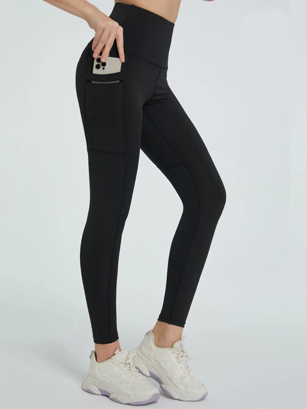 Black High-waist active leggings with side phone pockets