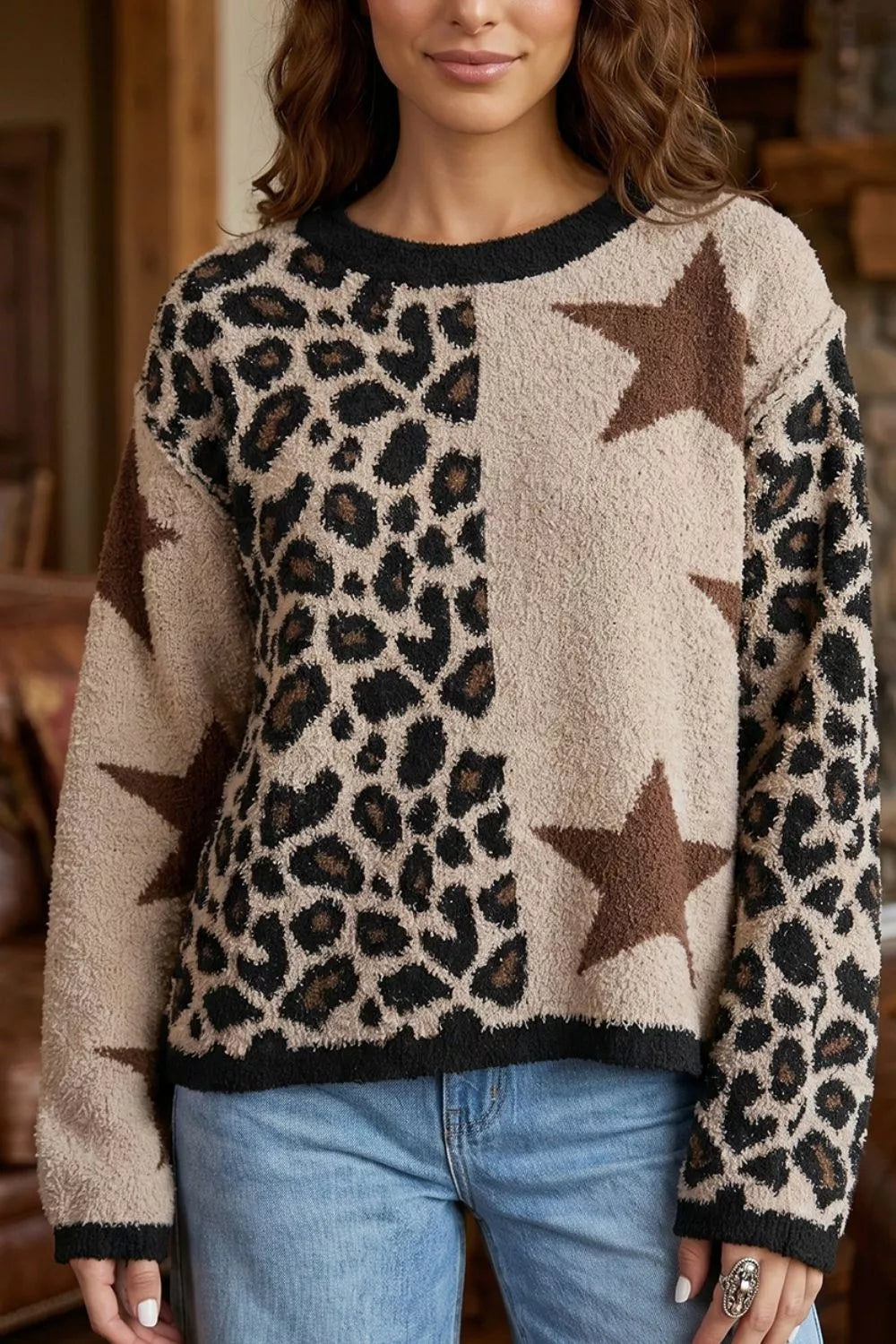 Leopard and star colorblock fuzzy knit pullover sweater