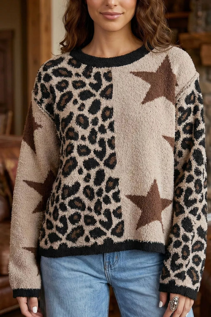 Leopard and star colorblock fuzzy knit pullover sweater