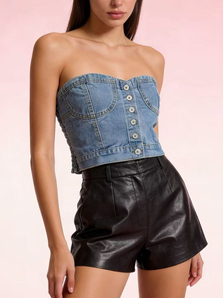 Button-front denim tube top with smocked sides