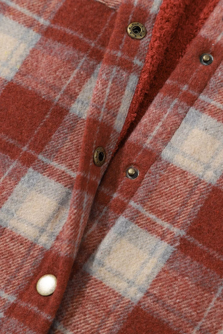 Sherpa-lined plaid hooded shacket with snap front