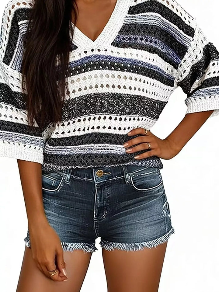 Black Stripes Striped openwork knit V-neck top with drop shoulders