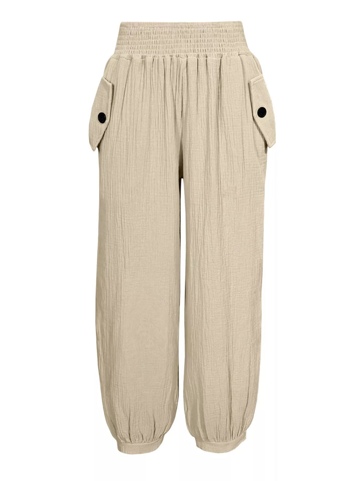 Wide-leg smocked waist casual pants in textured weave