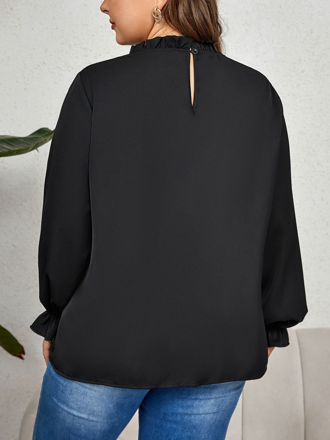 Plus size flounce sleeve blouse with sheer chevron yoke