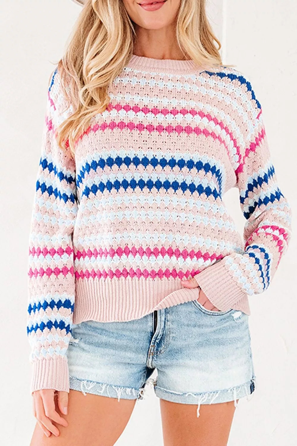Blush Pink Striped pointelle knit crewneck sweater with drop shoulders