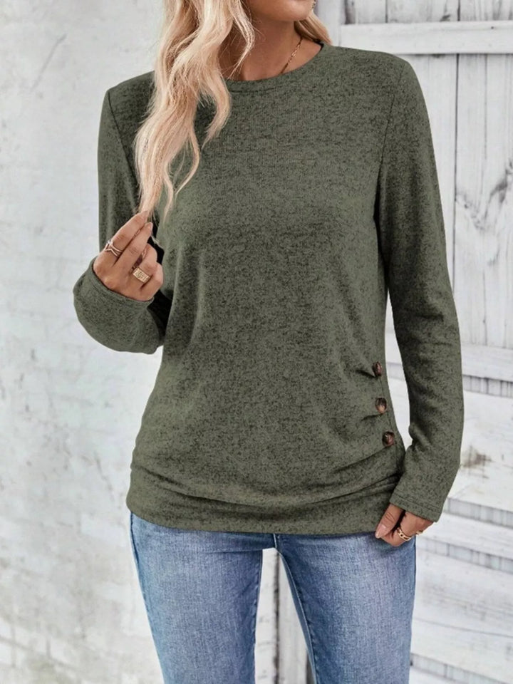 Decorative side-button long sleeve knit top