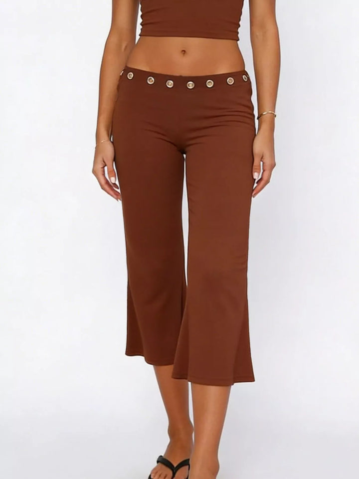 Mid-rise wide-leg capri pants with gold-button waistband
