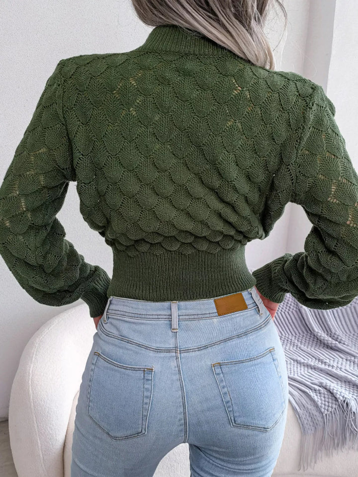 Openwork scallop knit mock neck cropped sweater