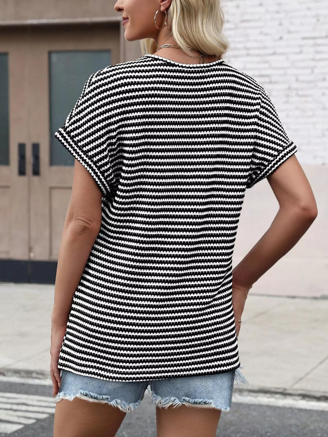 Striped V-neck relaxed short sleeve knit top