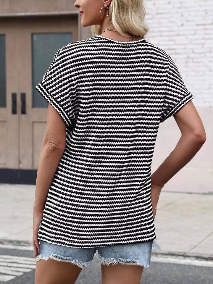 Striped V-neck relaxed short sleeve knit top