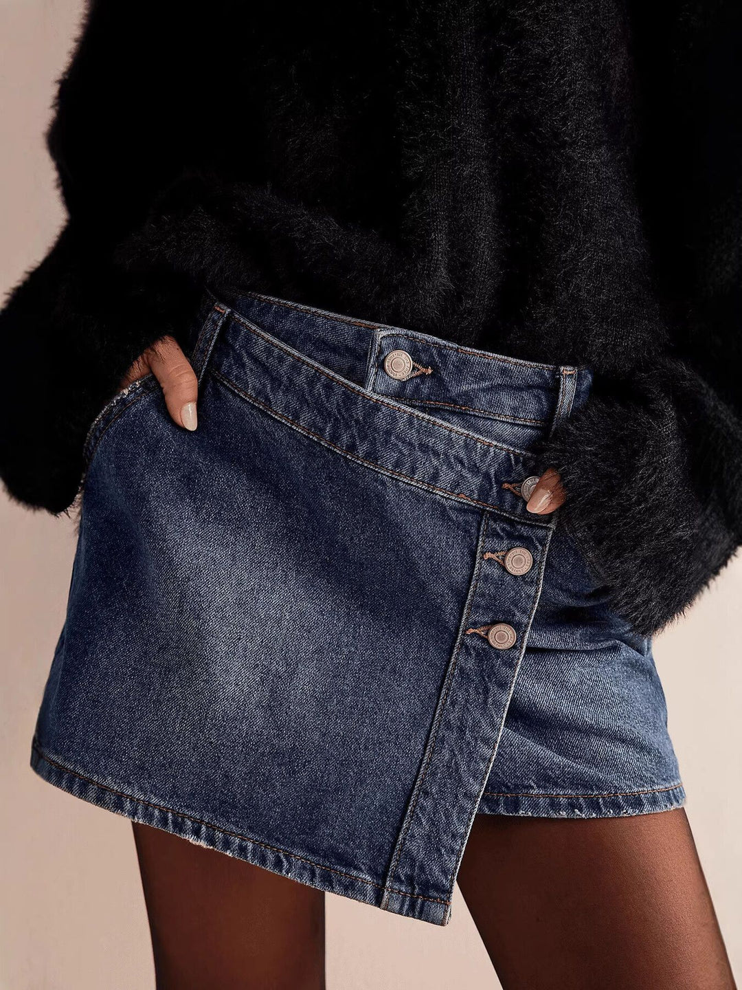 Dark Blue Asymmetrical button-front denim mini skirt