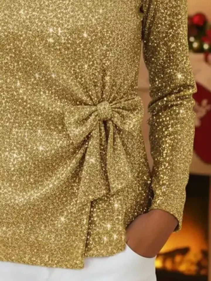 Sequin long sleeve top with side bow-knot tie