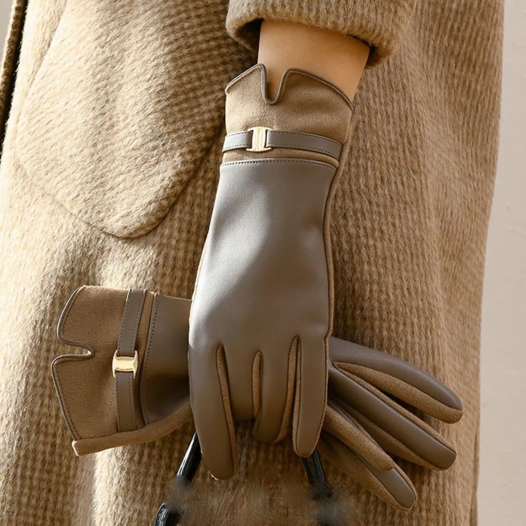 Faux leather gloves with gold buckle strap and suede panels