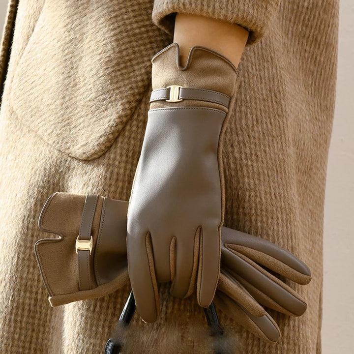 Faux leather gloves with gold buckle strap and suede panels