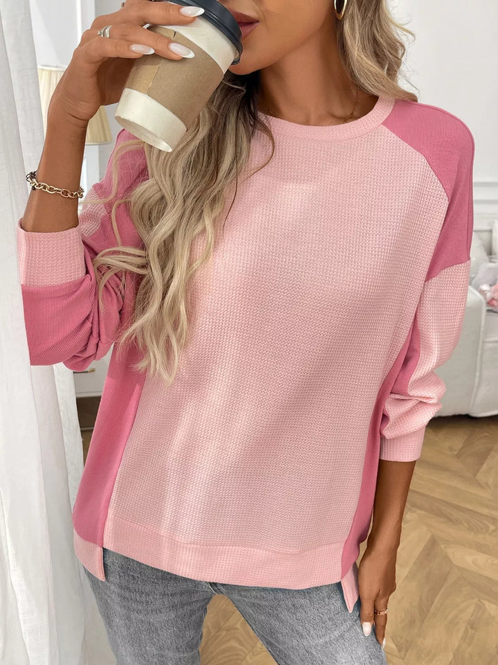 Color block waffle knit long sleeve top