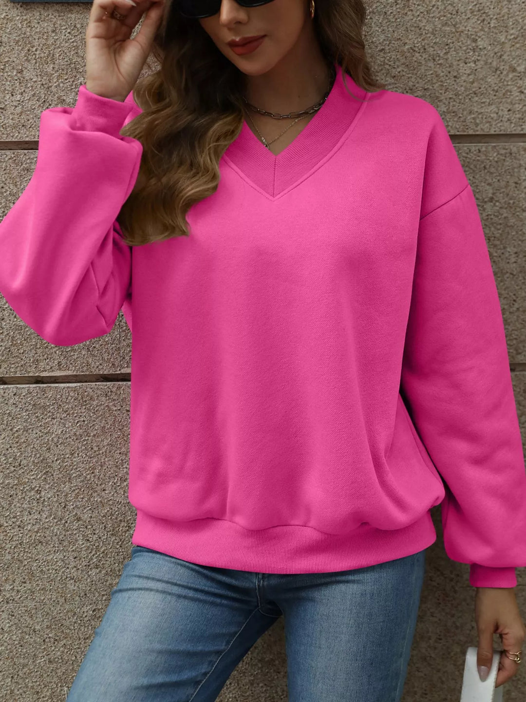 V-neck drop-shoulder pullover sweatshirt with ribbed trim