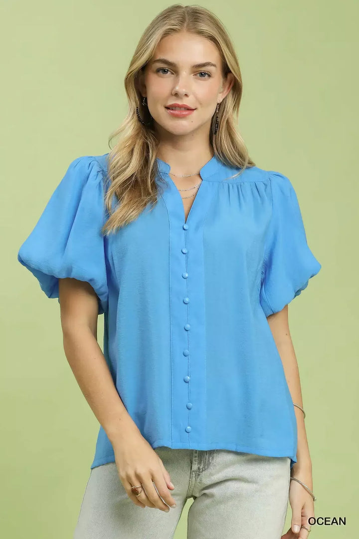 OCEAN Button-down puff sleeve blouse with band collar