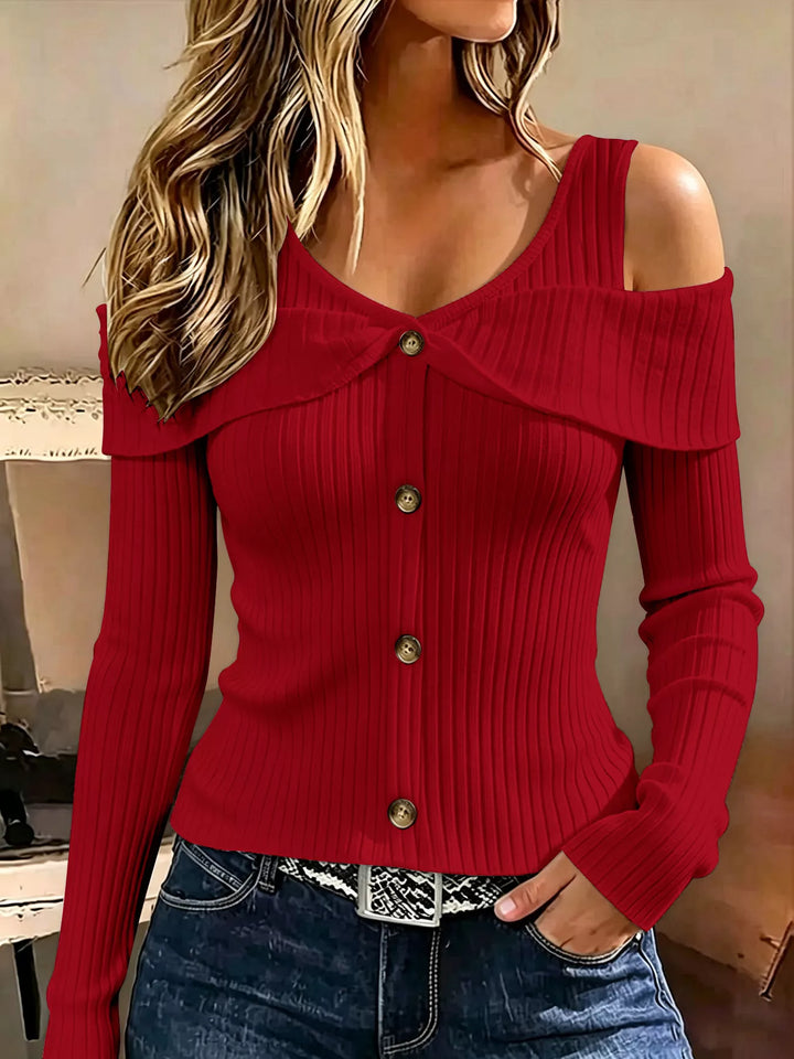 Burgundy Cold shoulder ribbed knit top with foldover collar and buttons