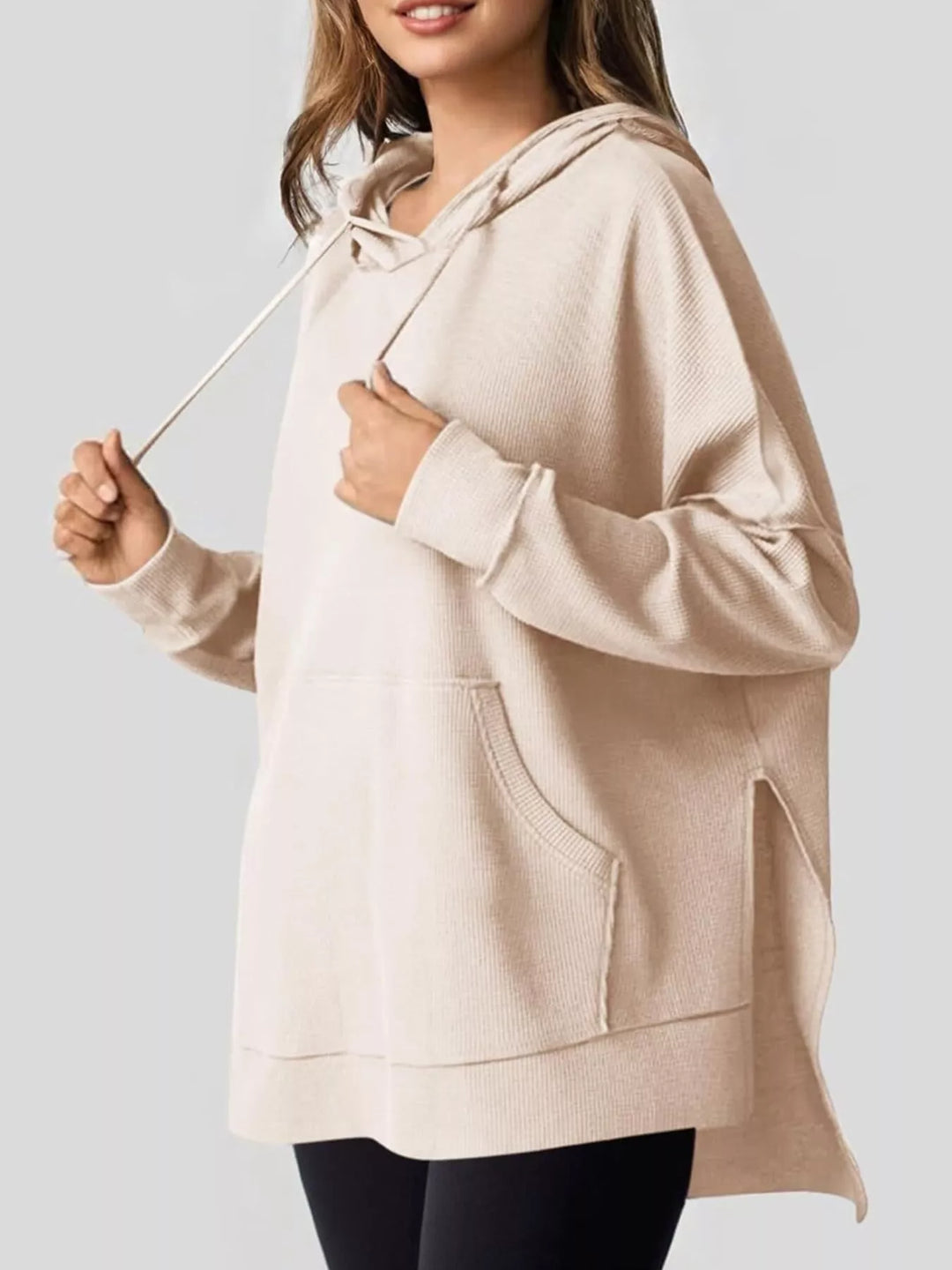 Apricot Oversized waffle-knit hoodie with side slits and front pocket