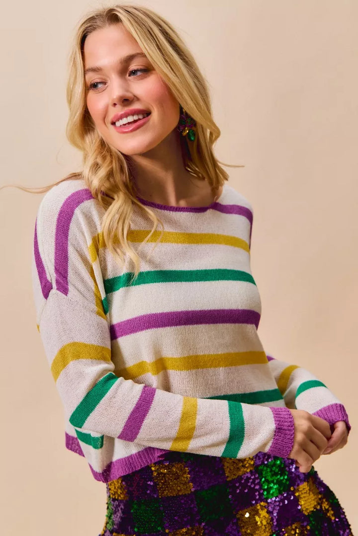 Color stripe lightweight knit sweater with boat neck