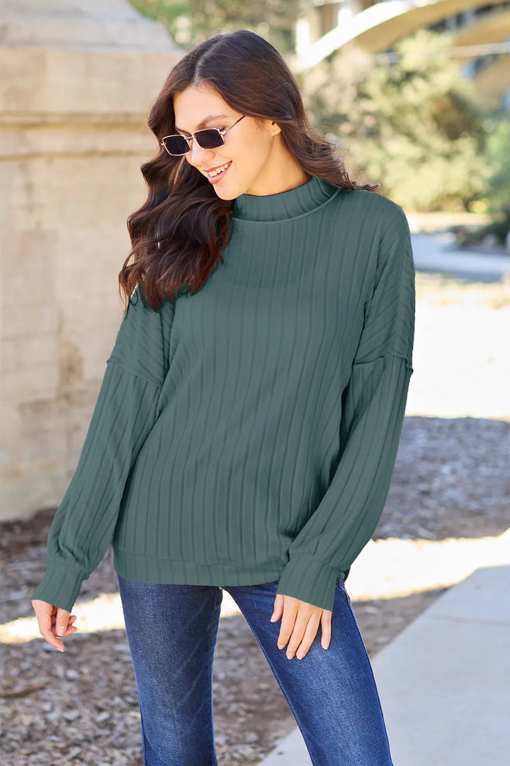 Turquoise Ribbed exposed-seam mock neck knit top with drop shoulders