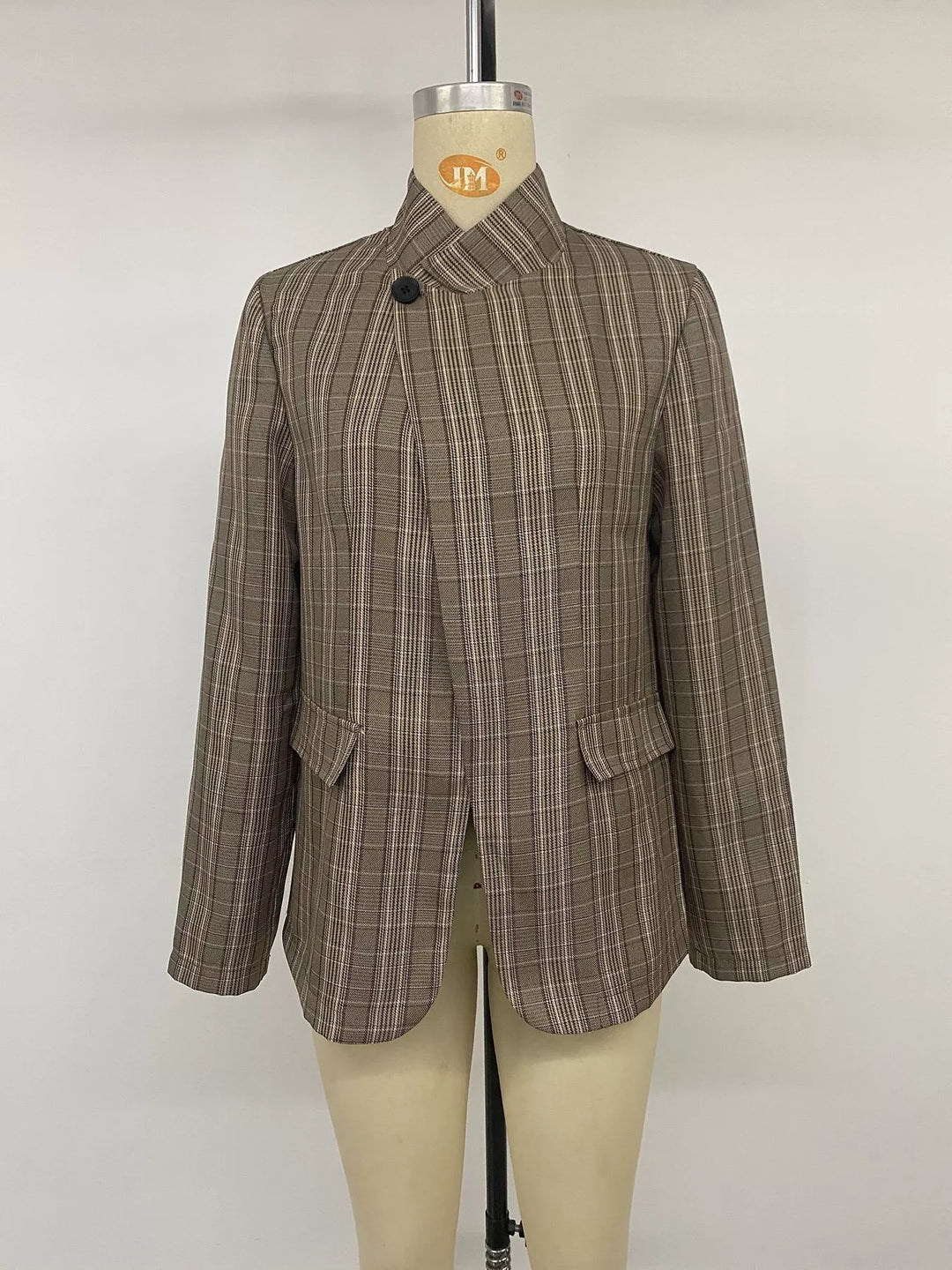 Plaid asymmetric single-button blazer with stand collar