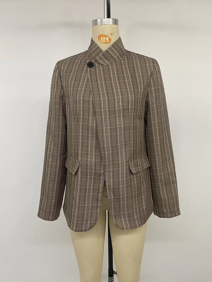 Plaid asymmetric single-button blazer with stand collar