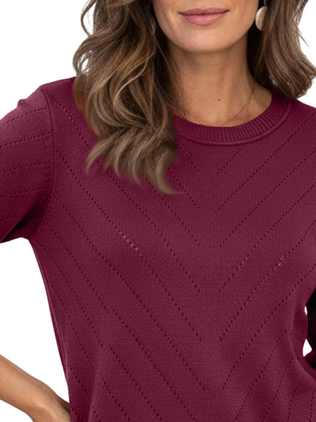 Openwork chevron knit crew neck pullover sweater