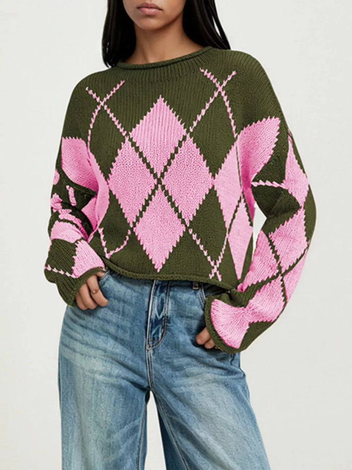Green Argyle knit dropped shoulder sweater with ribbed trim